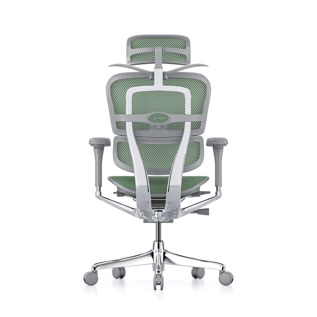 grey frame green mesh ergohuman elite, back view, headrest included, coat hanger popped open