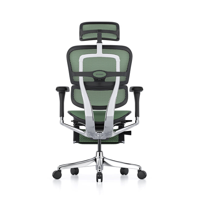 ergohuman elite g2, back view, headrest and legrest included, black frame and green mesh