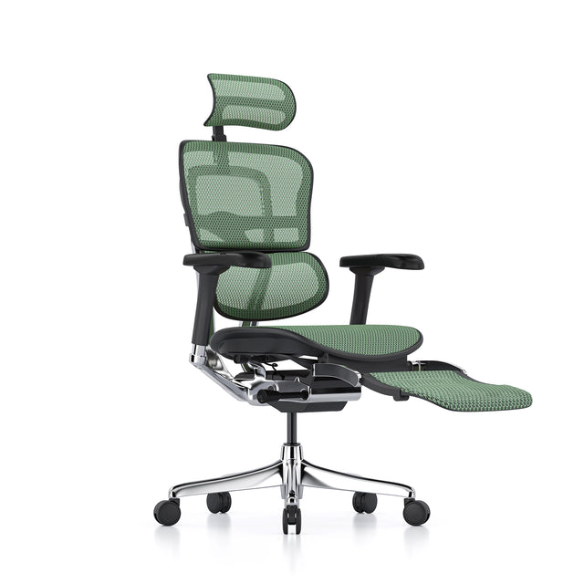 front right 45-degree angle of the black frame green mesh office chair, ergohuman elite g2, headrest included, legrest included folded out