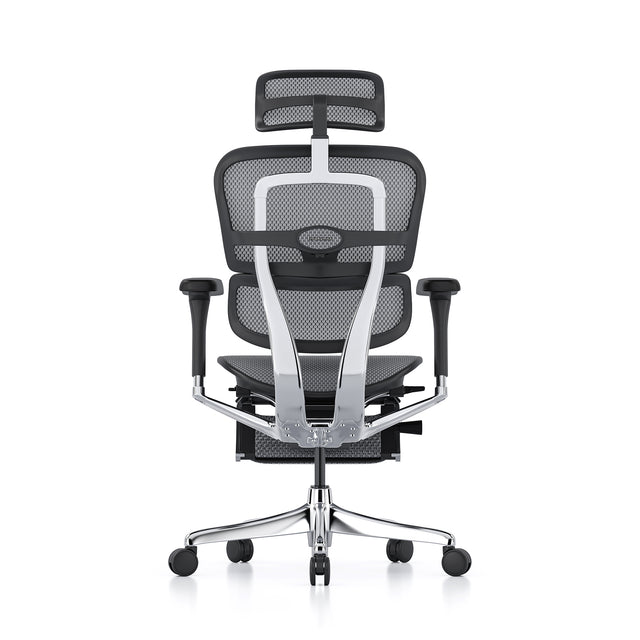 ergohuman office chair, black frame, grey mesh, with headrest and legrest