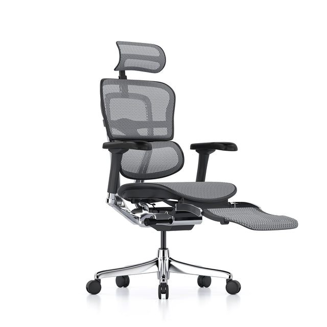 black frame and grey mesh office chair, front right 45-degree angle, legrest unfolded, headrest included