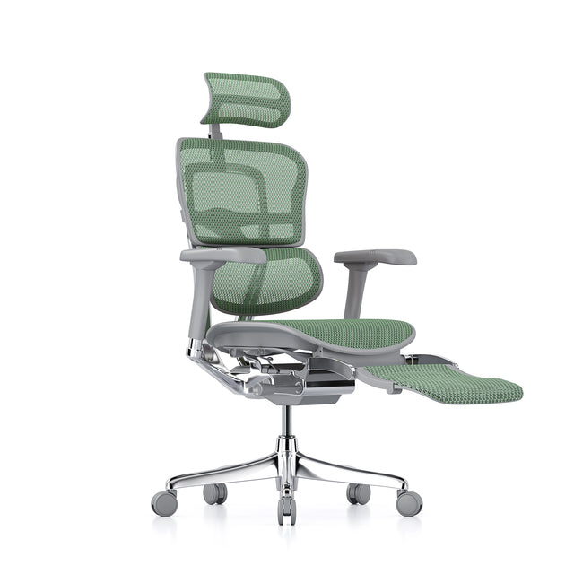 front right 45-degree angle of the ergohuman office chair, grey frame and green mesh, headrest included and legrest folded out