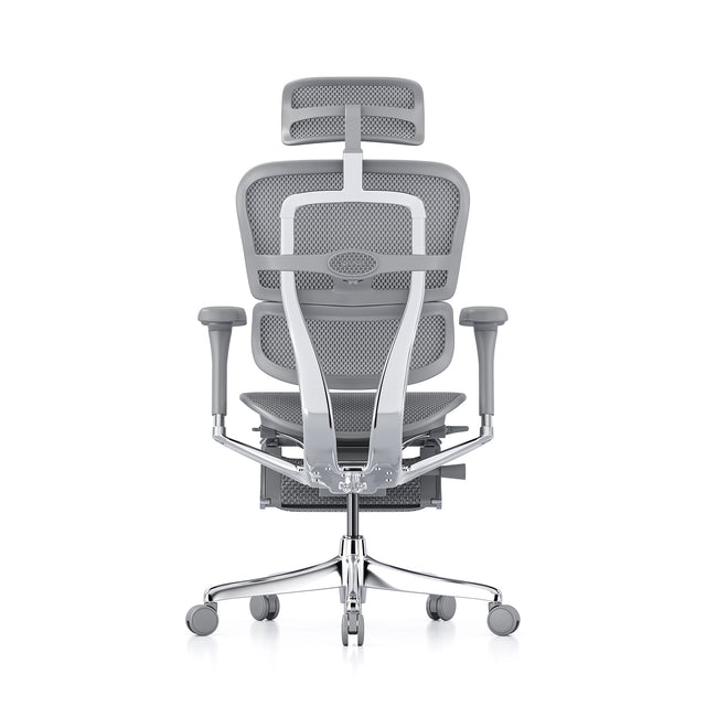 back view of the ergohuman elite g2, grey frame and grey mesh, headrest and legrest included