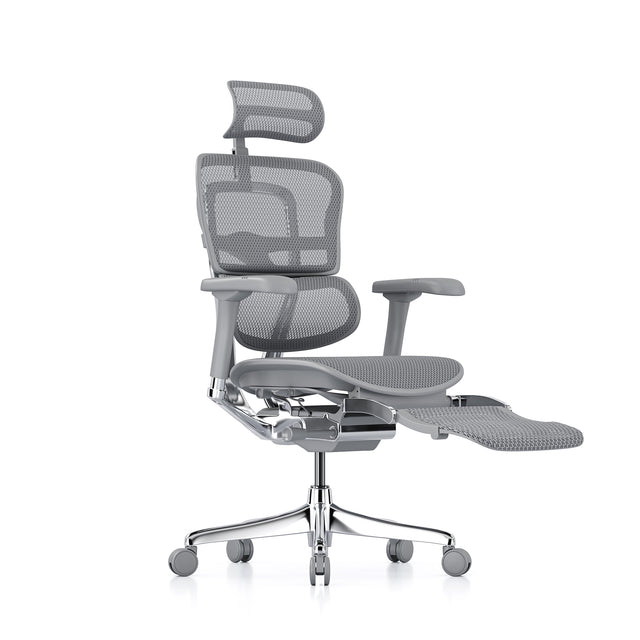 front right 45-degree angle of the ergohuman elite, grey frame and grey mesh, headrest included, legrest folded out