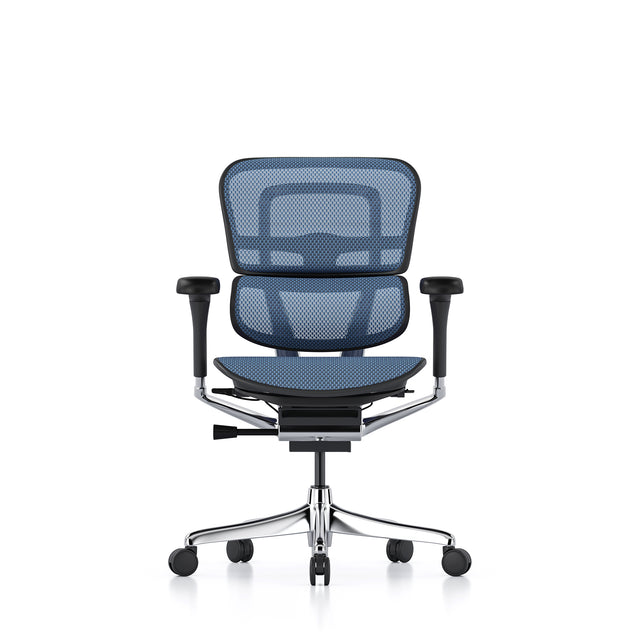 ergohuman elite office chair with black frame and cobalt mesh no headrest, front view