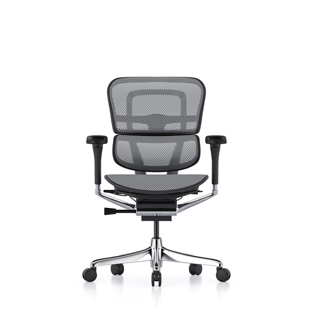 ergohuman office chair without headrest, front view, black frame and grey mesh