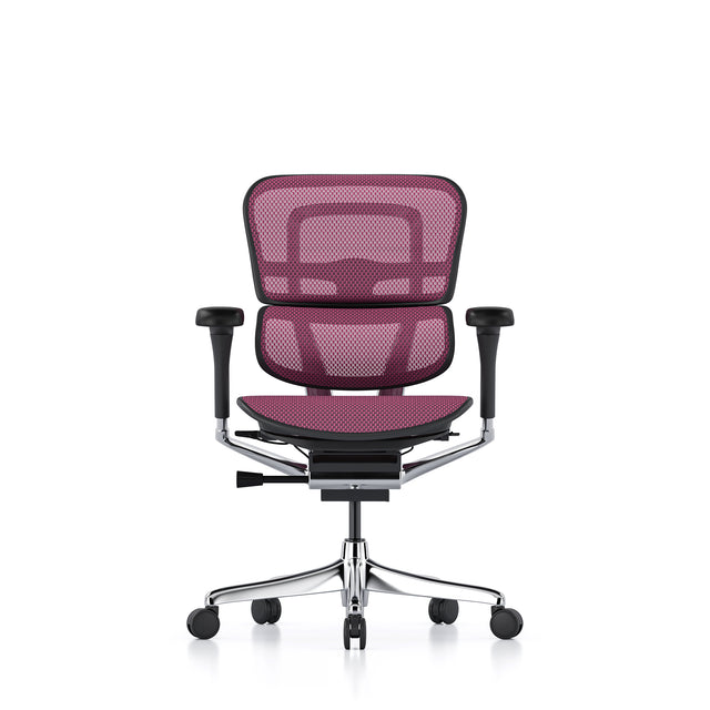 black frame pink mesh office chair, ergohuman elite g2, front view, no headrest