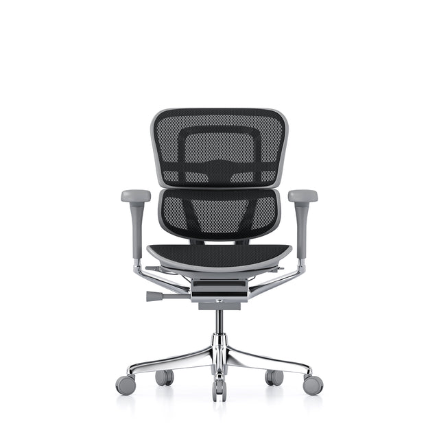 black mesh grey frame mesh office chair, front view, no headrest