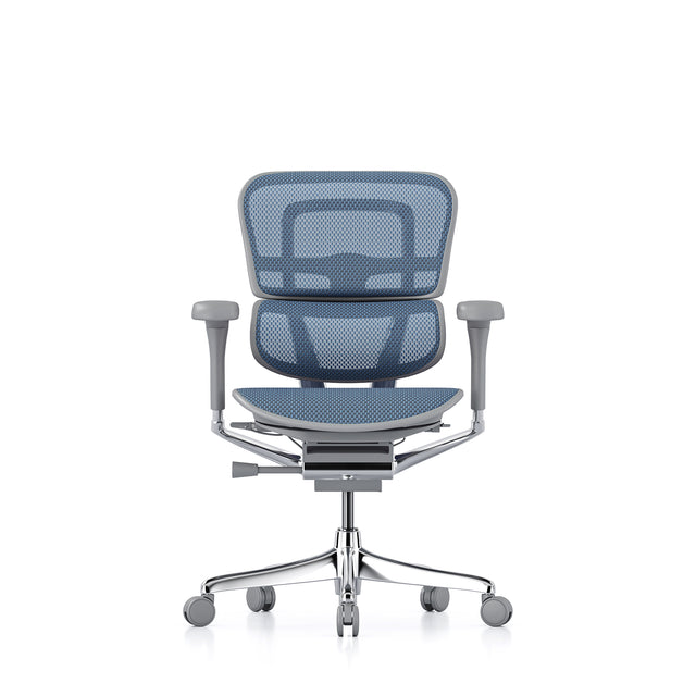 blue mesh office chair, grey frame, front view, no headrest
