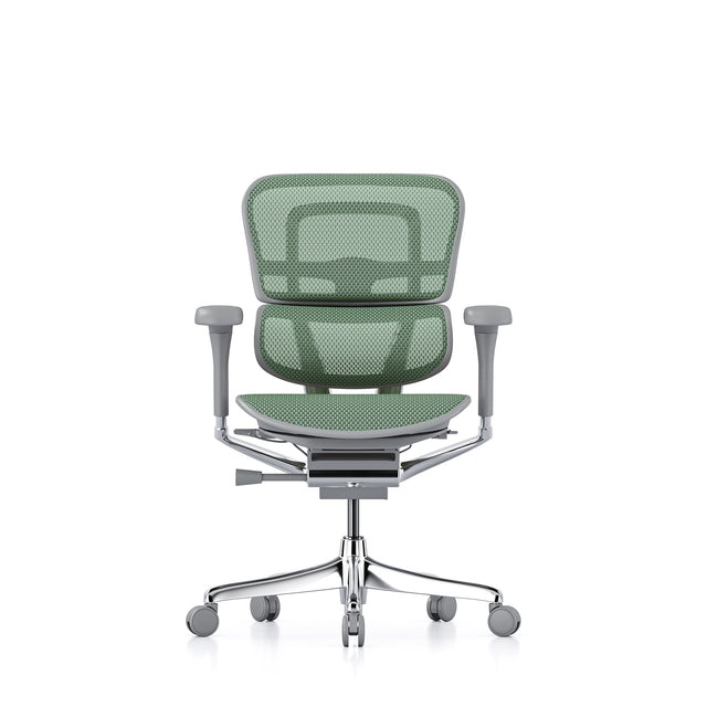 front view of the ergohuman elite without headrest, grey frame and green mesh