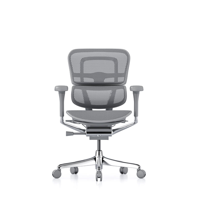 office chair with recline, front view, no headrest, grey frame and grey mesh