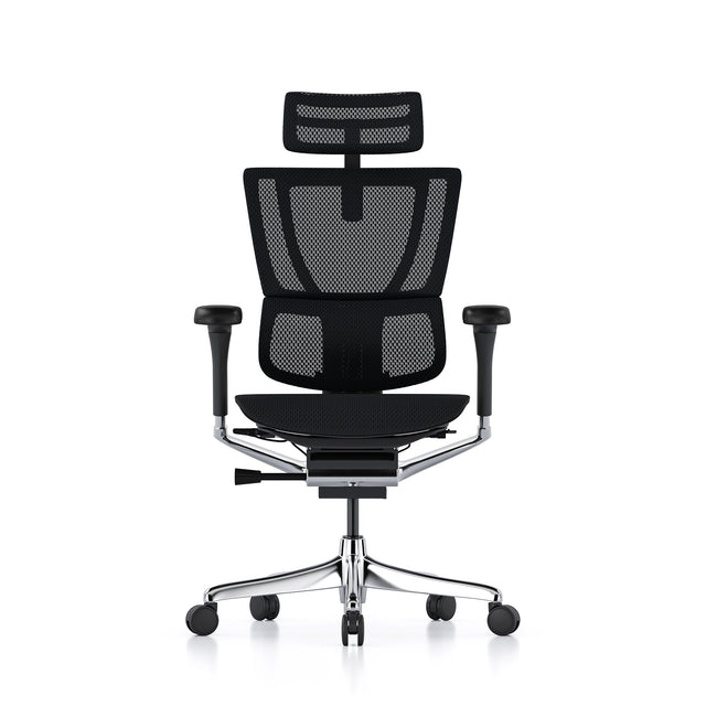 mirus office chair, black frame, black mesh, front view with headrest