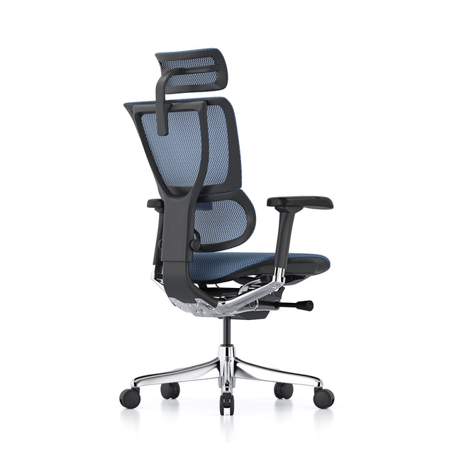 back right 45-degree angle of the mirus office chair, black frame and cobalt mesh, with headrest