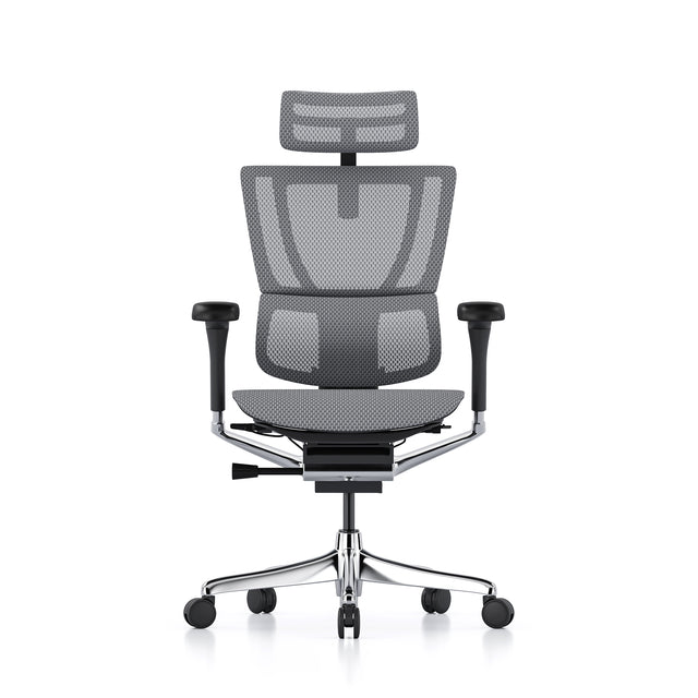 mirus office chair, black frame, grey mesh, front view with headrest