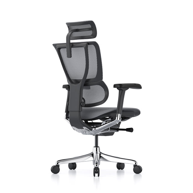 back right 45-degree angle of the mirus office chair in black frame and grey mesh, with headrest