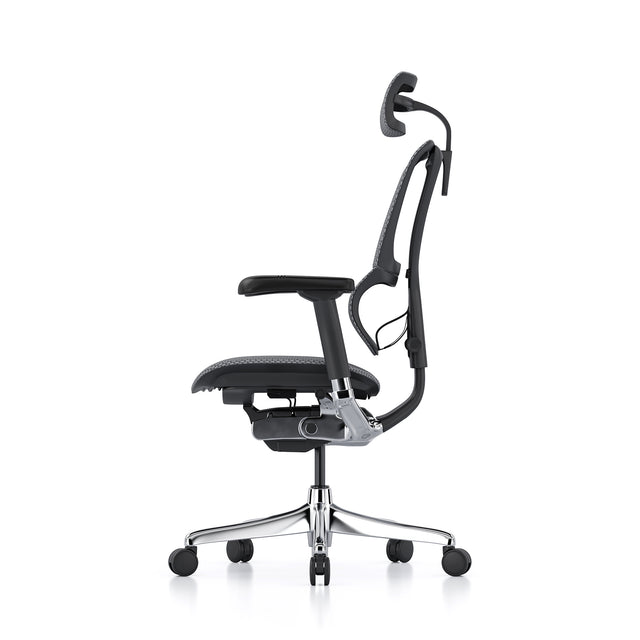 left profile view of the mirus ergonomic office chair with headrest, black frame grey mesh