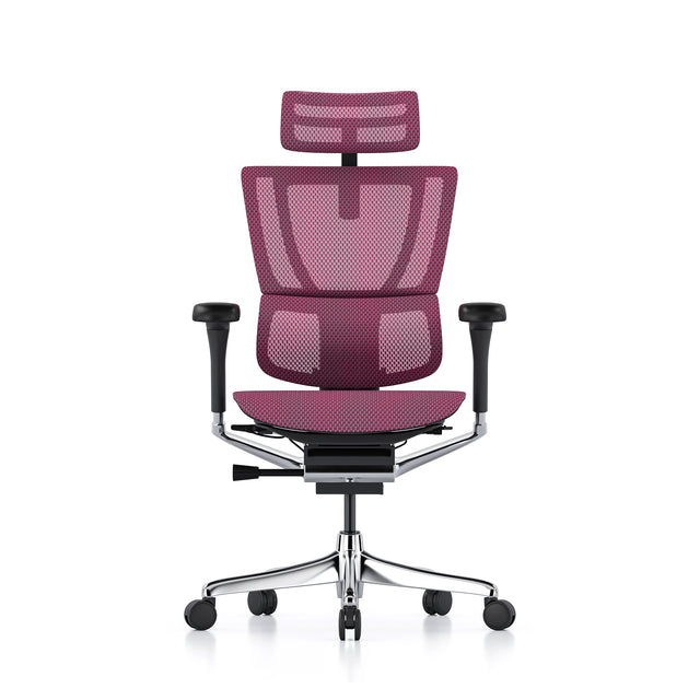 mirus office chair, black frame, pink mesh, front view with headrest