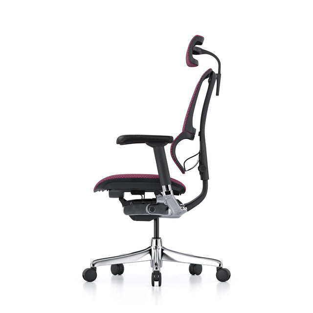 left profile view of the mirus ergonomic office chair with headrest, black frame pink mesh
