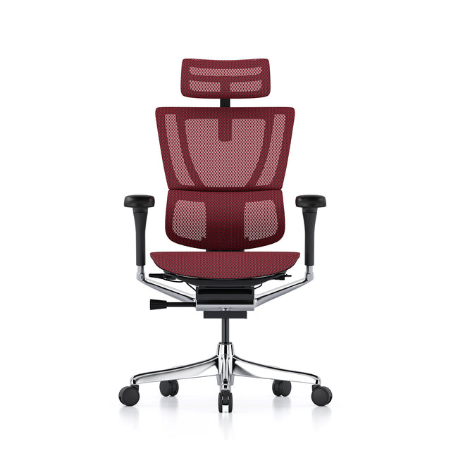 mirus office chair, black frame, scarlet mesh, front view with headrest