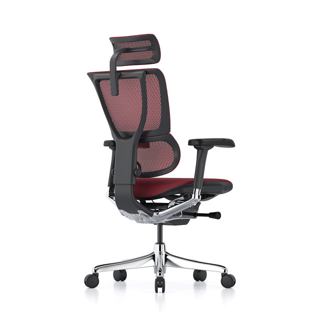 back right 45-degree angle of the mirus office chair in black frame and scarlet mesh, with headrest