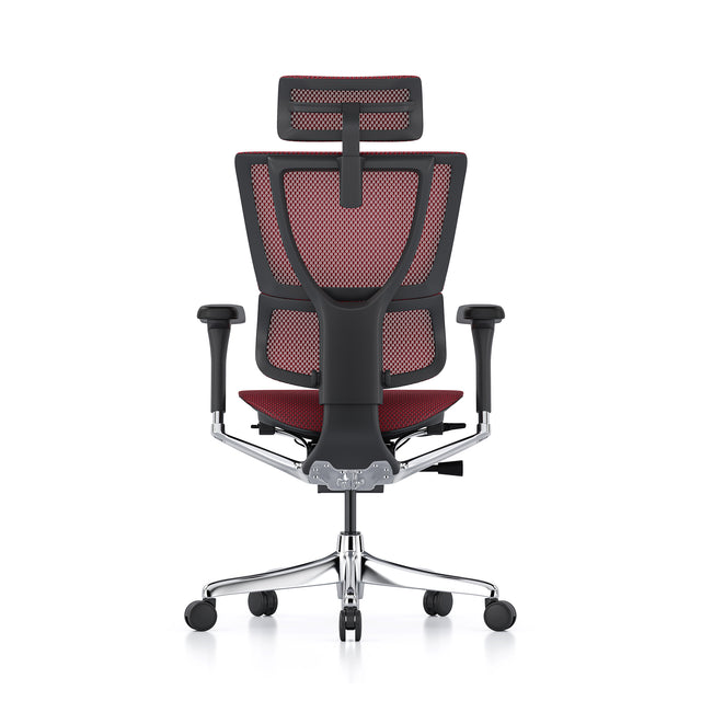 back view of the mirus office chair in black frame and scarlet mesh, with headrest