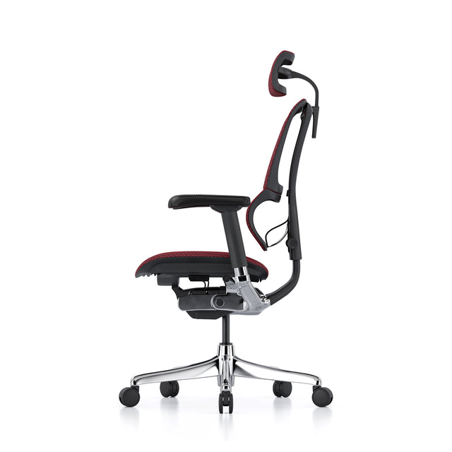 left profile view of black office chair with red mesh, headrest included