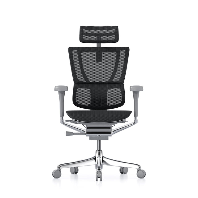 mirus office chair, grey frame, black mesh, front view with headrest