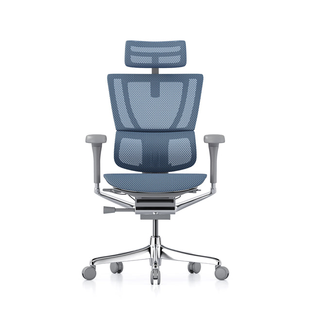 mirus office chair, grey frame, blue mesh, front view with headrest