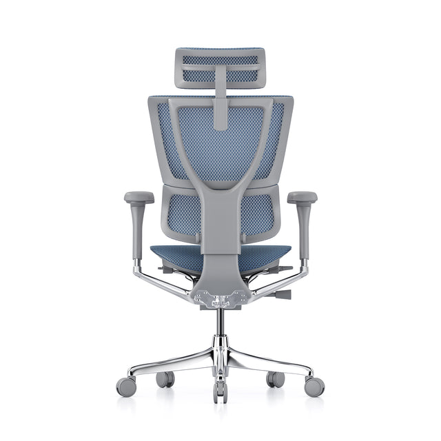 back view of the mirus office chair in grey frame and blue mesh, with headrest