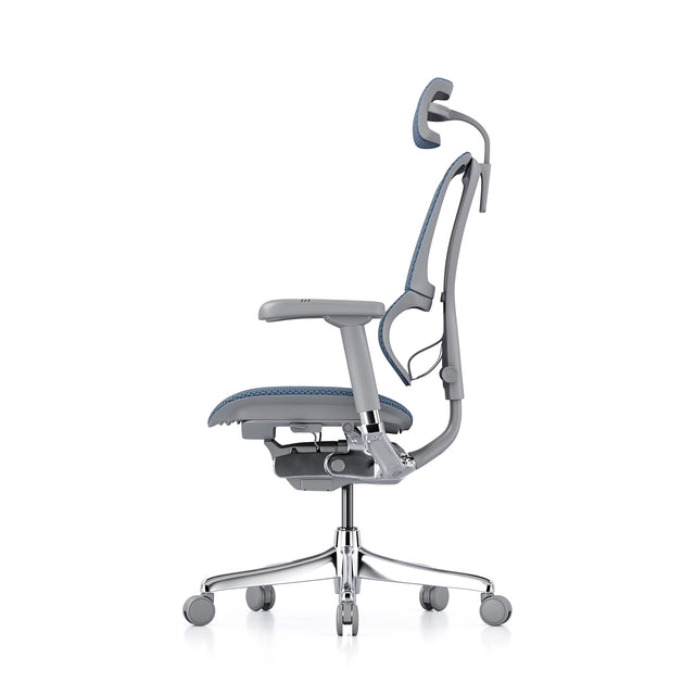 left profile view of the mirus ergonomic office chair with headrest, grey frame cobalt mesh