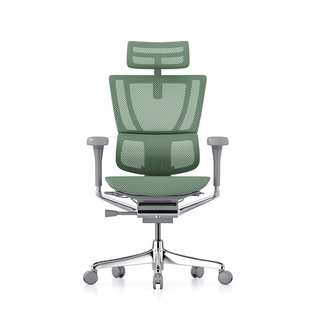 mirus office chair, grey frame, green mesh, front view with headrest