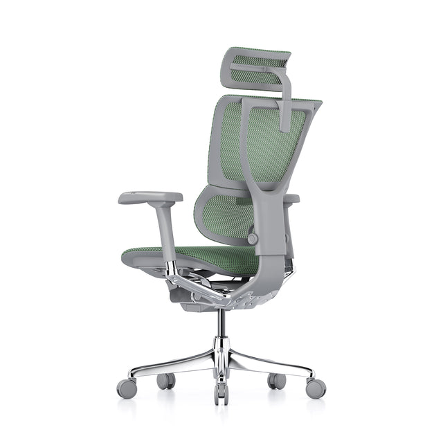 Chaise de bureau Mirus à caisse ouverte avec appui-tête, maille verte, structure grise–Excellent