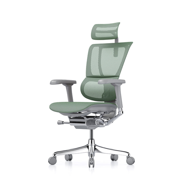 Chaise de bureau Mirus à caisse ouverte avec appui-tête, maille verte, structure grise–Excellent