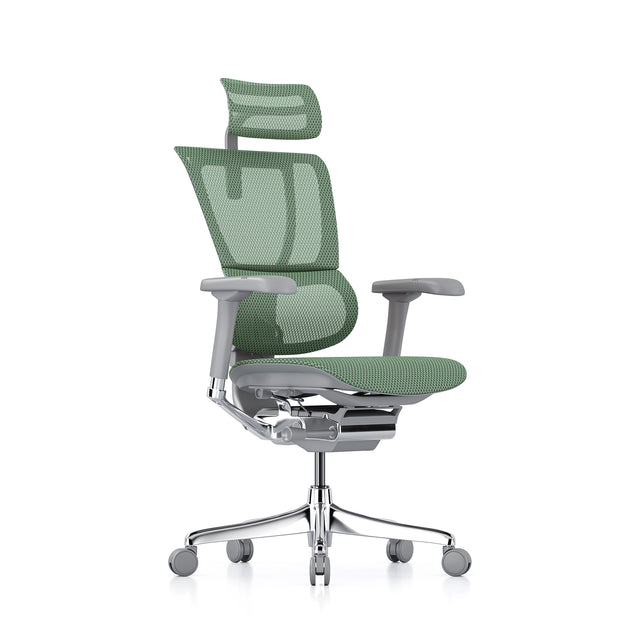 Chaise de bureau Mirus à caisse ouverte avec appui-tête, maille verte, structure grise–Excellent