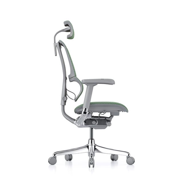 Chaise de bureau Mirus à caisse ouverte avec appui-tête, maille verte, structure grise–Excellent