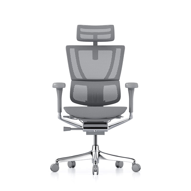mirus office chair, grey frame, grey mesh, front view with headrest