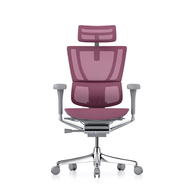 mirus office chair, grey frame, pink mesh, front view with headrest