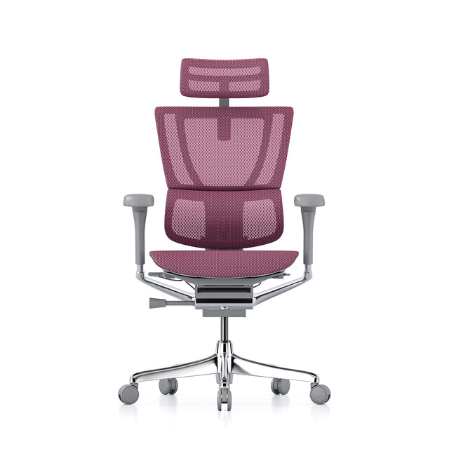 Open-box Mirus office chair with headrest, pink mesh, grey frame – Excellent