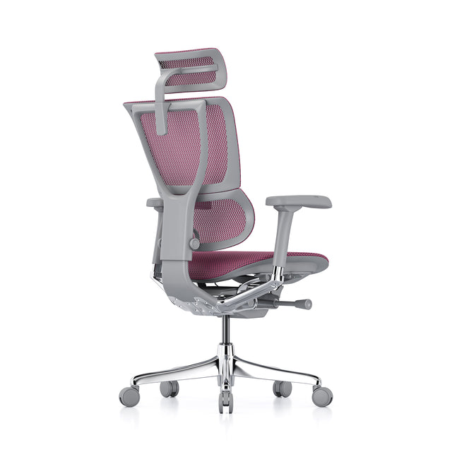 back right 45-degree angle of the mirus office chair in grey frame and pink mesh, with headrest