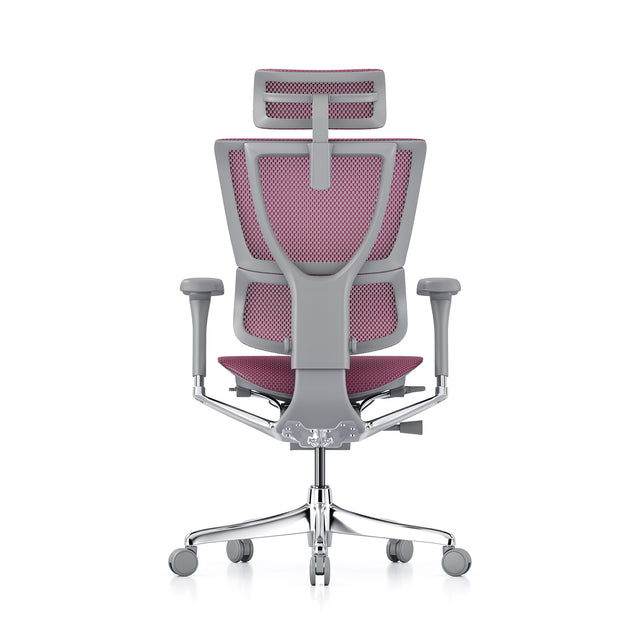 back view of the mirus office chair in grey frame and pink mesh, with headrest