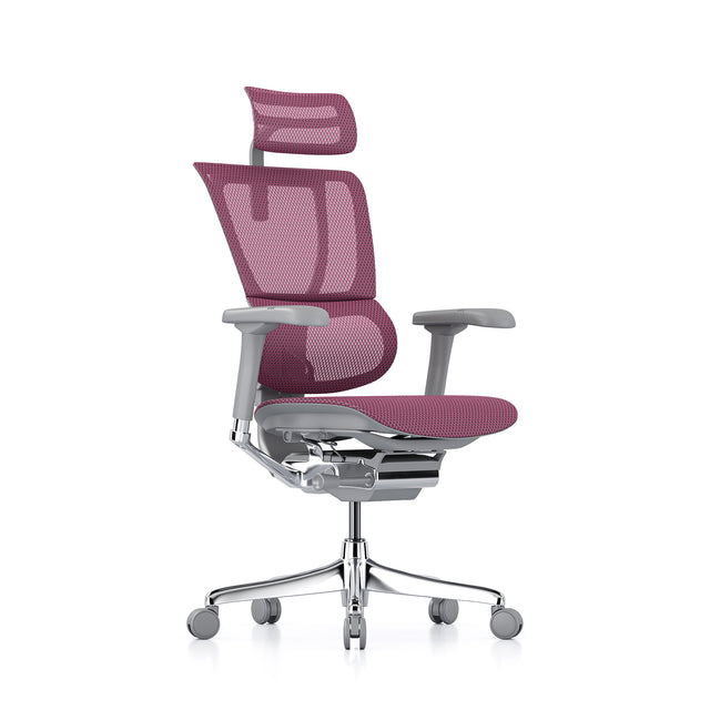 Open-box Mirus office chair with headrest, pink mesh, grey frame – Excellent