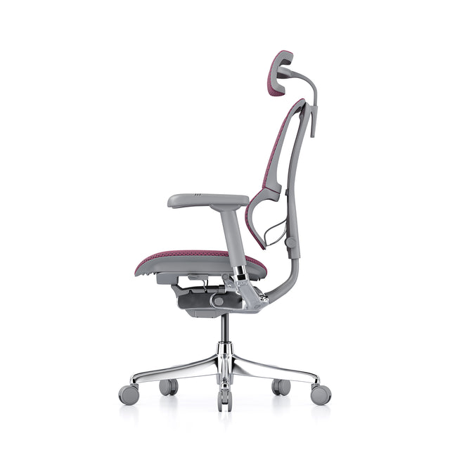 left profile view of the mirus ergonomic office chair with headrest, grey frame pink mesh