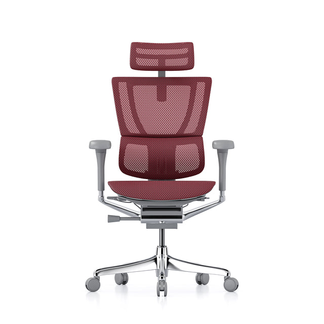 mirus office chair, grey frame, red mesh, front view with headrest