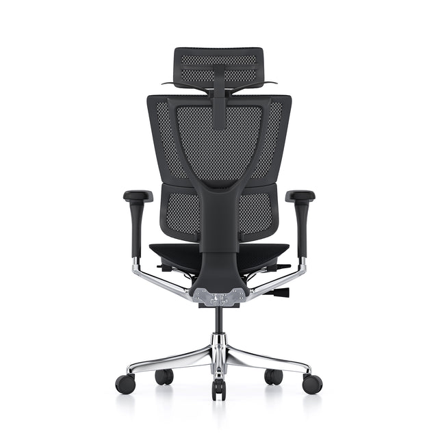 Mirus office chair with black mesh upholstery, black frame, coat hanger and headrest. 