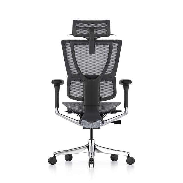 back view of the mirus chair, black frame, grey mesh, with headrest, coathanger popped open