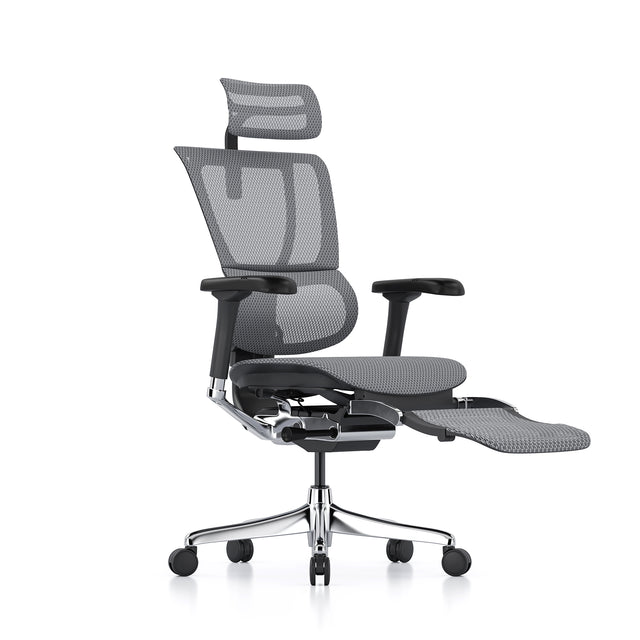 mirus office chair in black frame and grey mesh, front right 45-degree angle with legrest unfolded