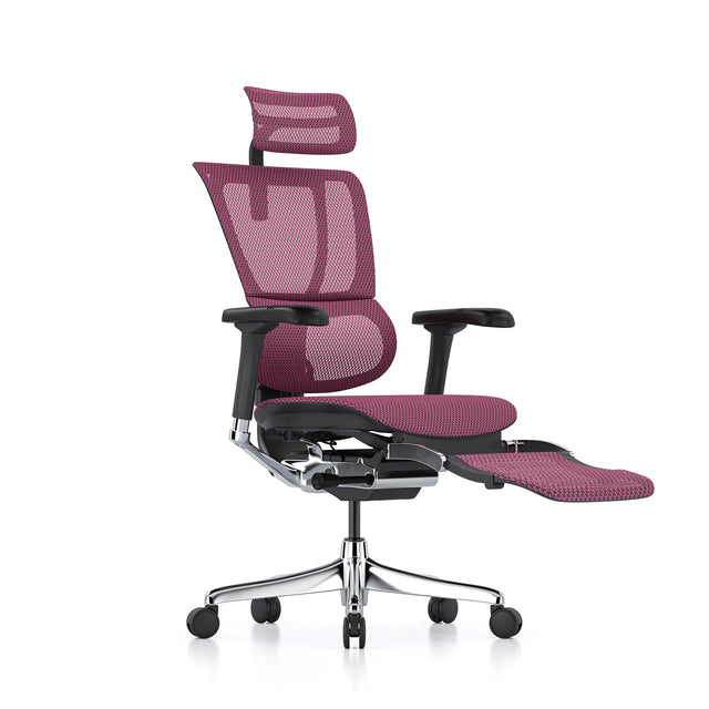 mirus office chair in black frame and pink mesh, front right 45-degree angle with legrest unfolded