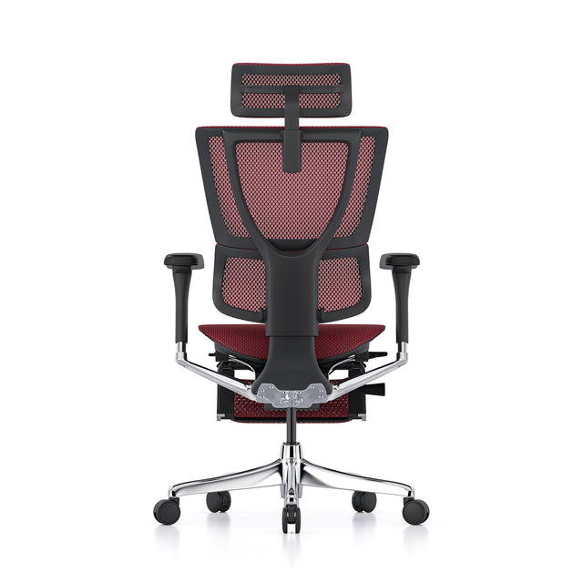 back view of the mirus chair, black frame, scarlet mesh, with headrest and legrest