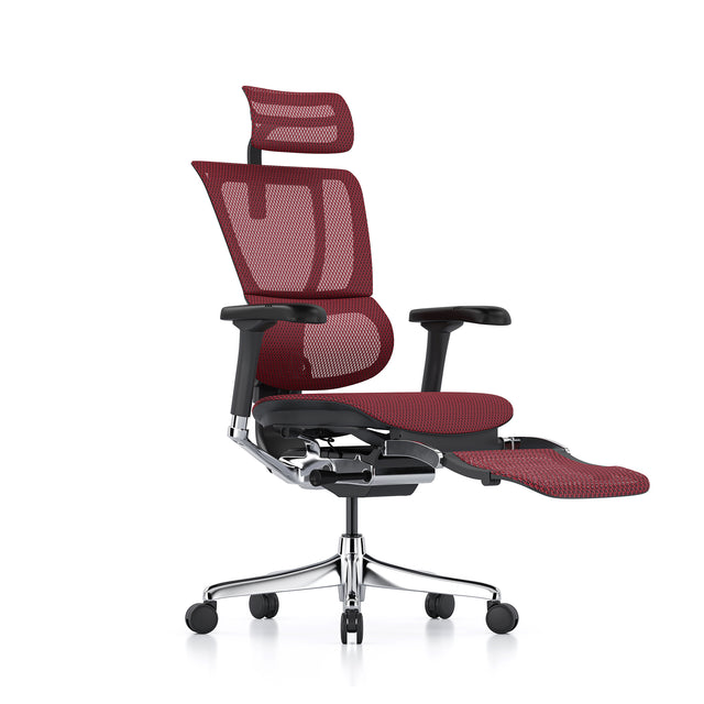 mirus office chair in black frame and scarlet mesh, front right 45-degree angle with legrest unfolded