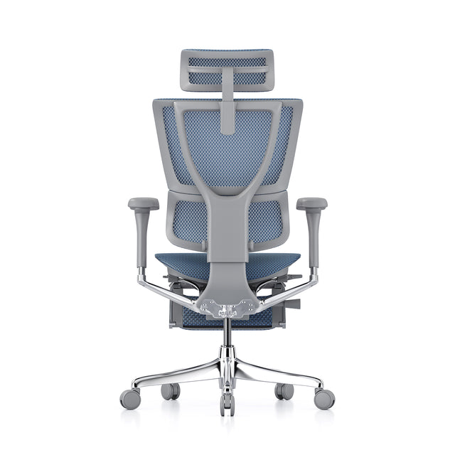 back view of the mirus chair, grey frame, cobalt mesh, with headrest & legrest, coathanger popped open